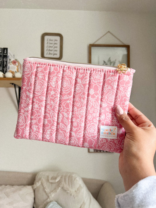 Blush Lined Roses Quilted Pouch